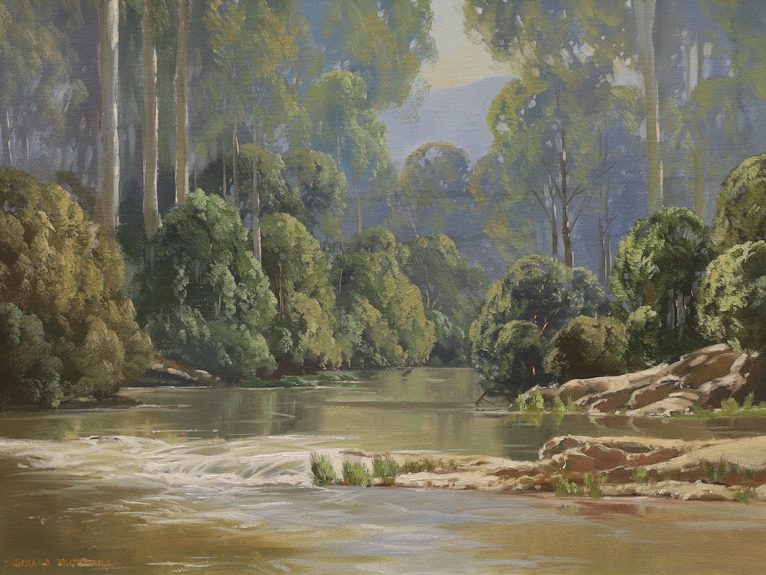 Gerald Mutsaers (Australian, b.1947), oil on board, 'Morning Light, Yarra River, Warburton', signed, titled verso, 44 x 59cm